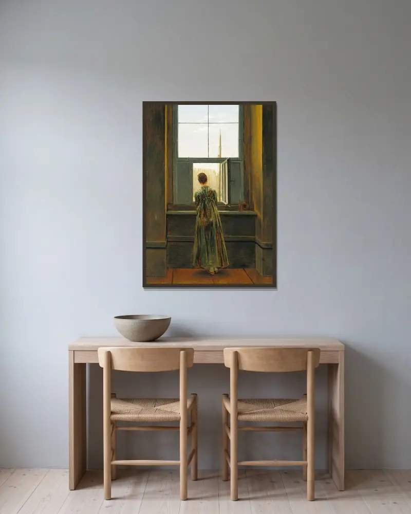 Kvinna vid fönstret av Caspar David Friedrich inramad på en vägg