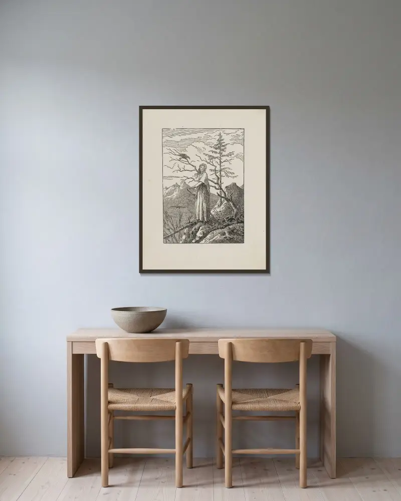 Kvinna med korp vid en brant av Caspar David Friedrich inramad på en vägg