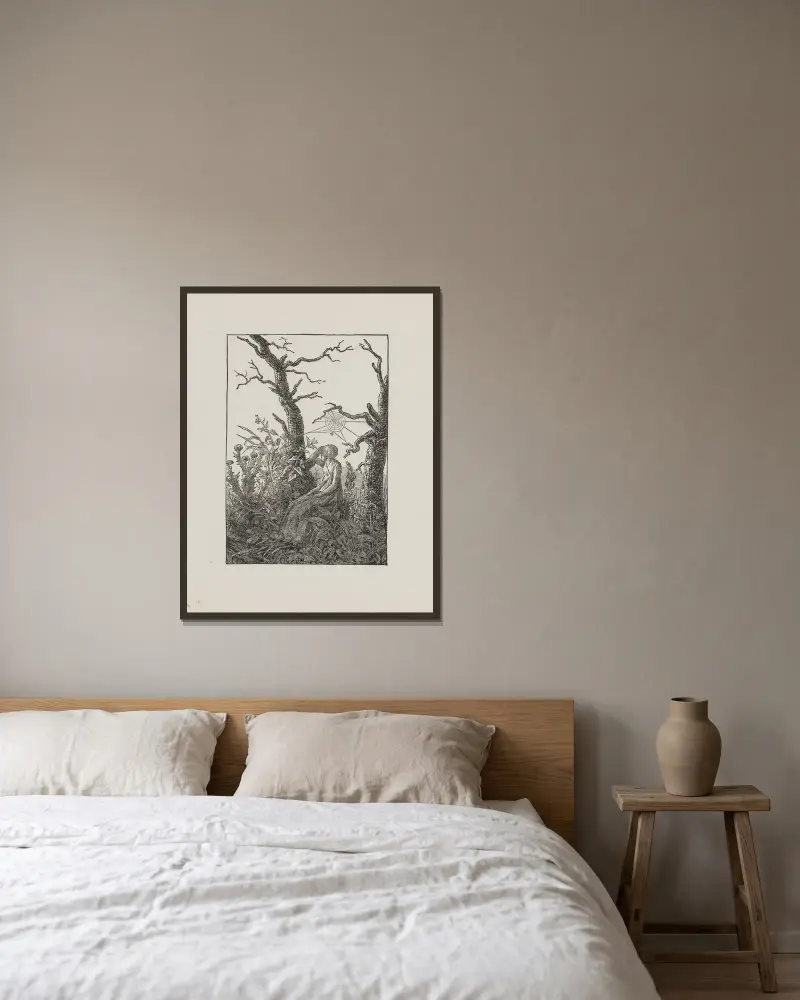 Kvinna med spindelnät av Caspar David Friedrich inramad på en vägg
