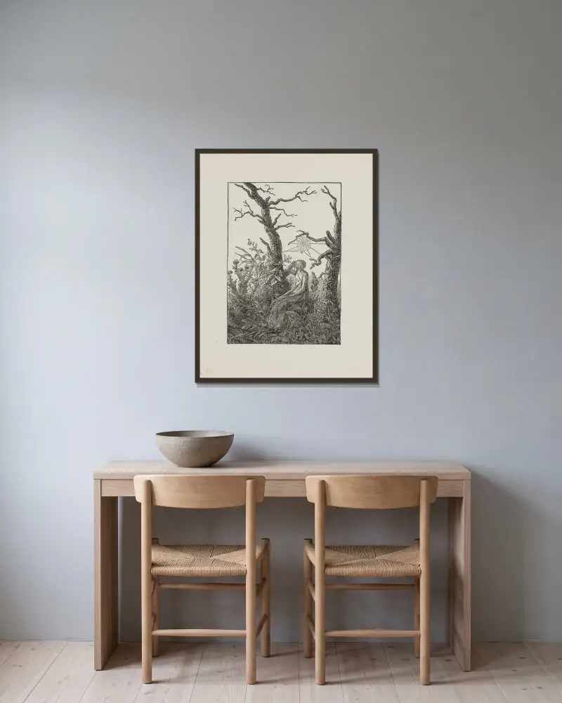 Kvinna med spindelnät av Caspar David Friedrich inramad på en vägg