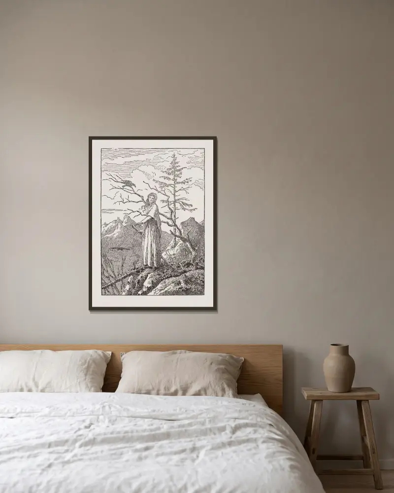 Kvinna med korp vid avgrunden av Caspar David Friedrich inramad på en vägg