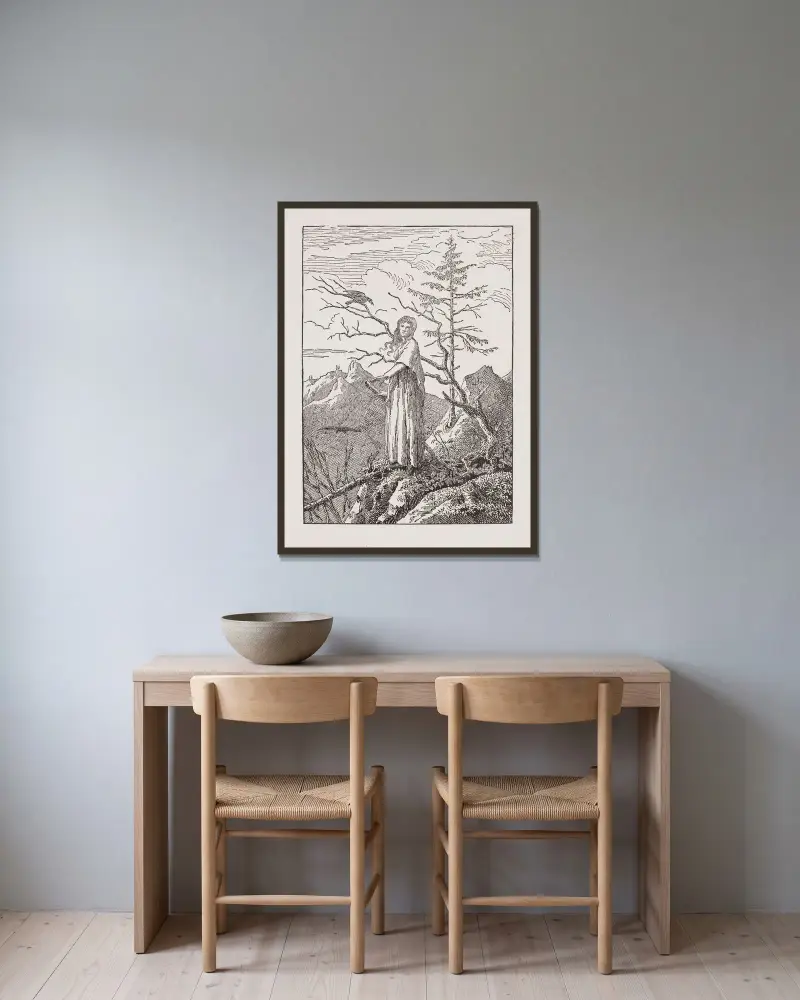 Kvinna med korp vid avgrunden av Caspar David Friedrich inramad på en vägg