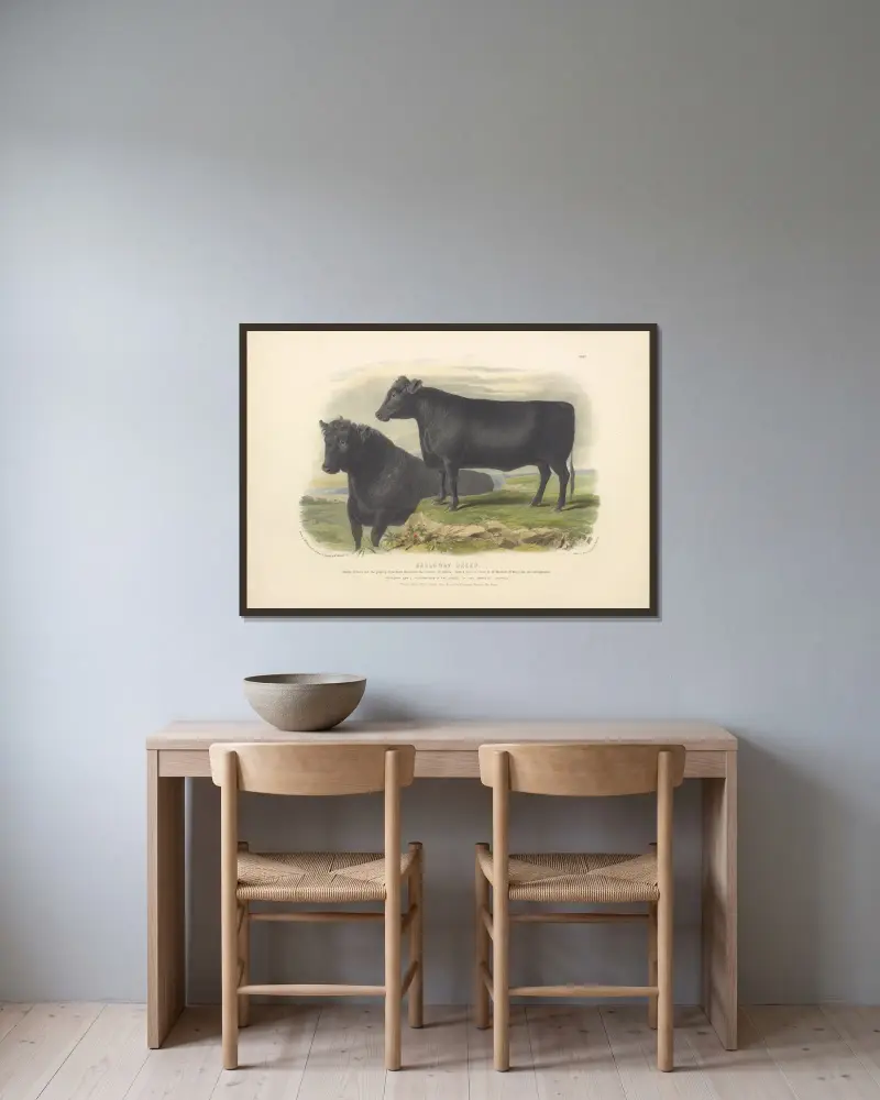 The Galloway Breed von David Low gerahmt an einer Wand