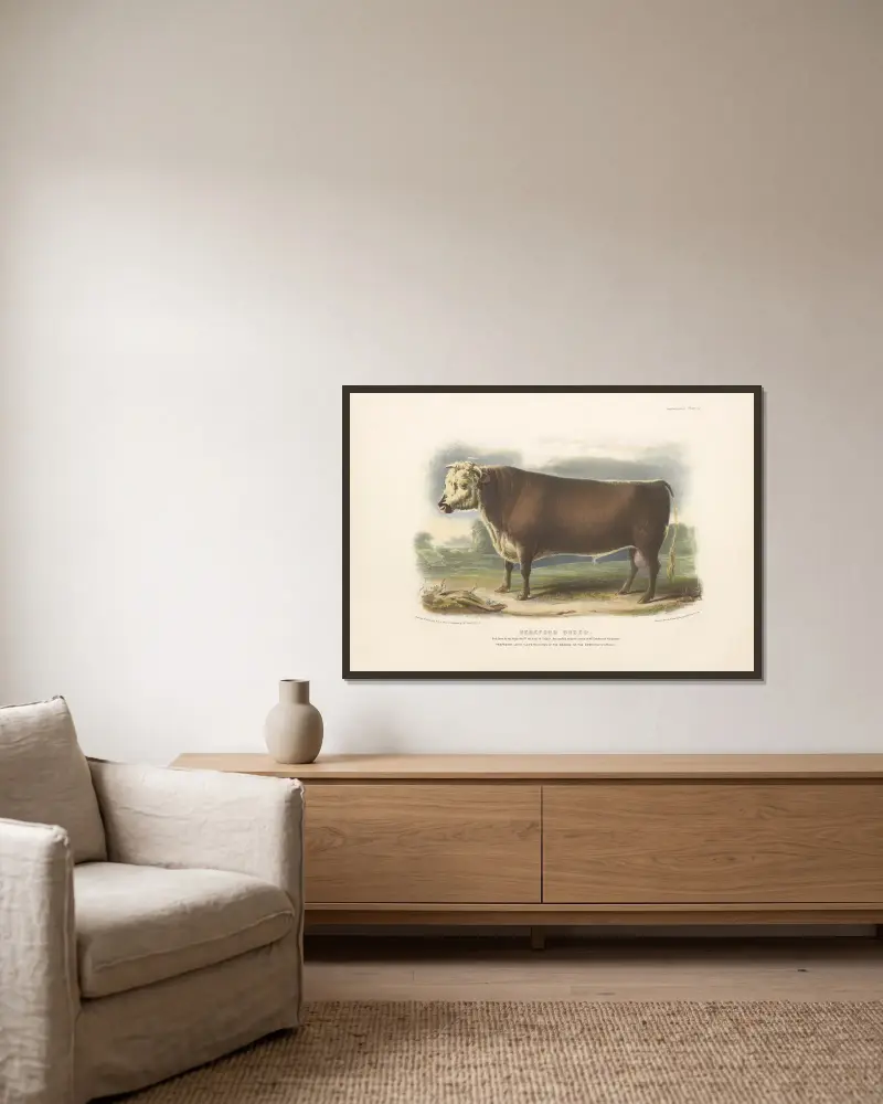 Die Hereford-Rasse von David Low gerahmt an einer Wand