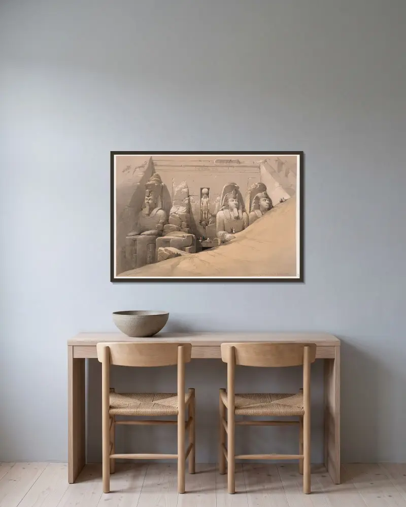 Fasad mot framsidan av det stora templet i Abu Simbel, Nubien (frontespis, vol. 2) av David Roberts inramad på en vägg
