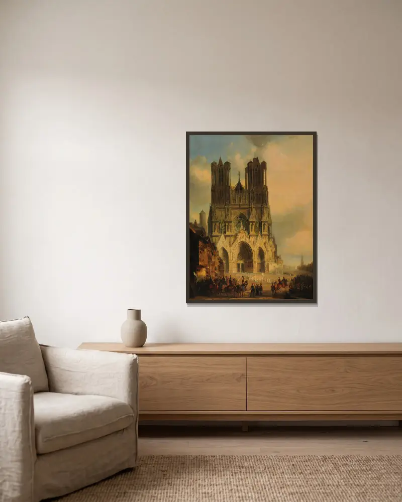 La façade de la Cathédrale de Reims avec une procession médiévale et un cortège au premier plan av David Roberts inramad på en vägg