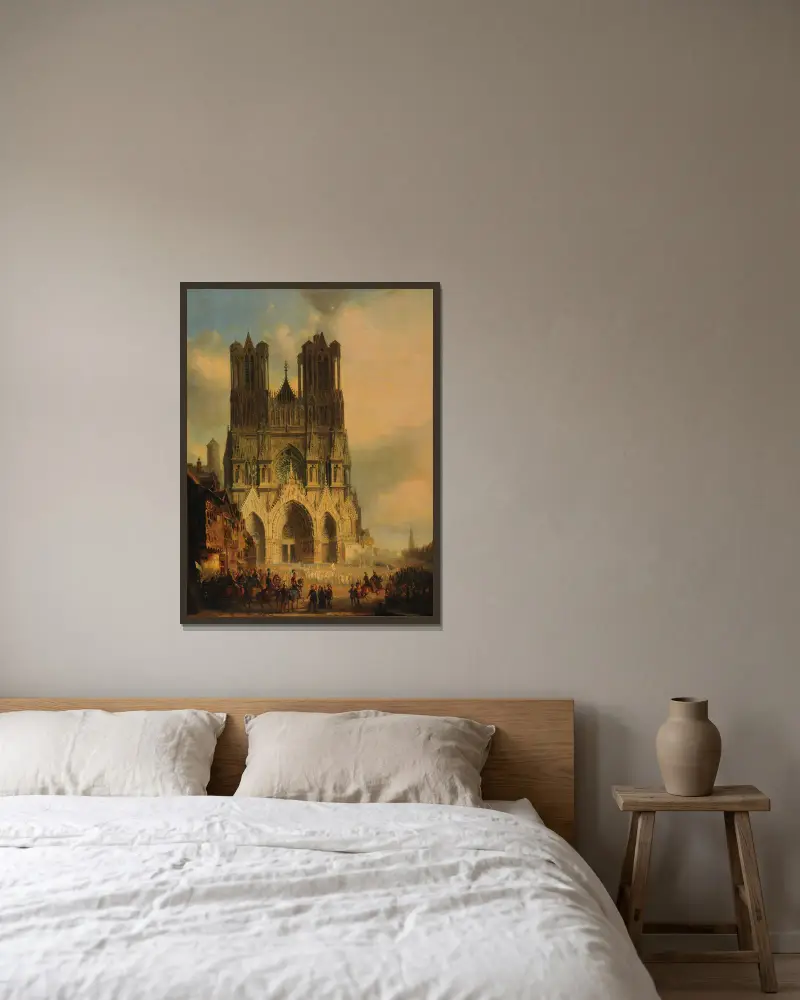 La façade de la Cathédrale de Reims avec une procession médiévale et un cortège au premier plan av David Roberts inramad på en vägg