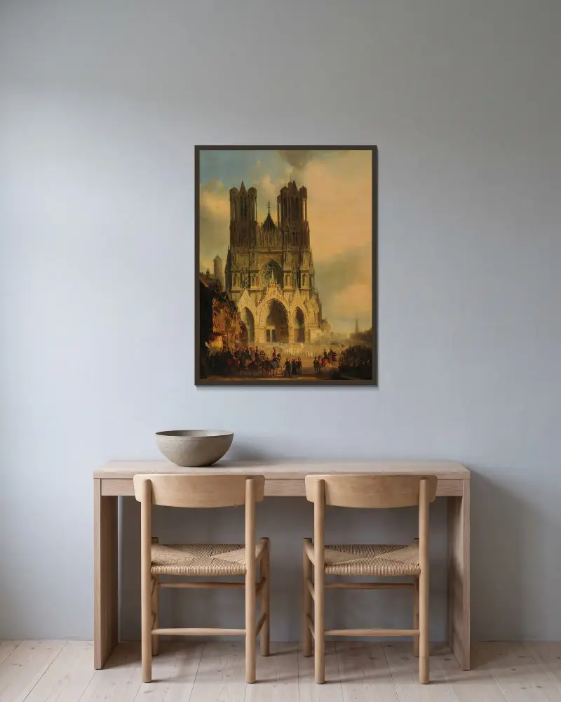 La façade de la Cathédrale de Reims avec une procession médiévale et un cortège au premier plan av David Roberts inramad på en vägg