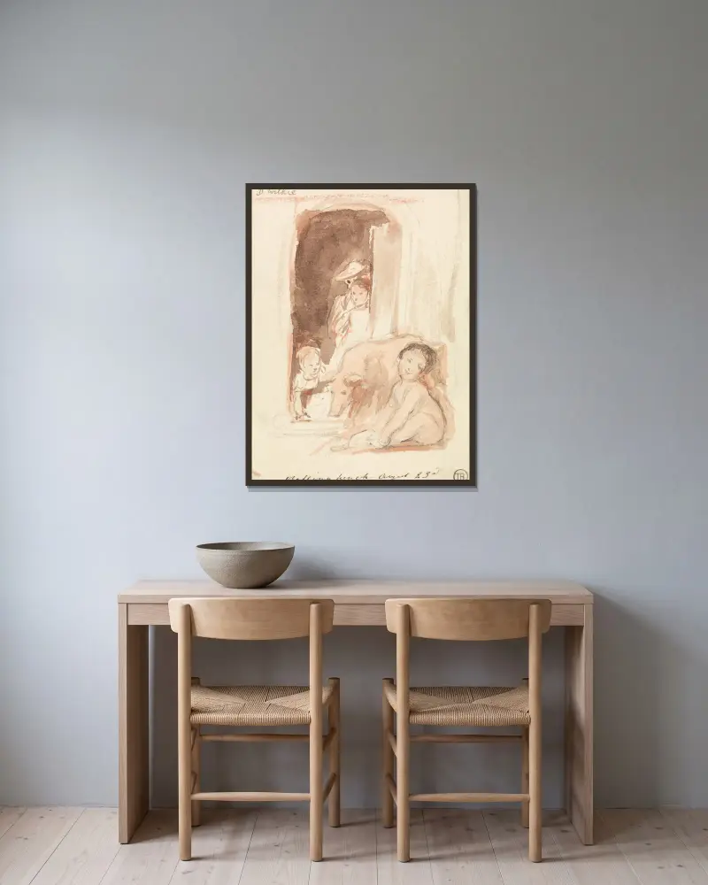 Barn med gris i en dörröppning i Ballynahinch, Irland av Sir David Wilkie inramad på en vägg