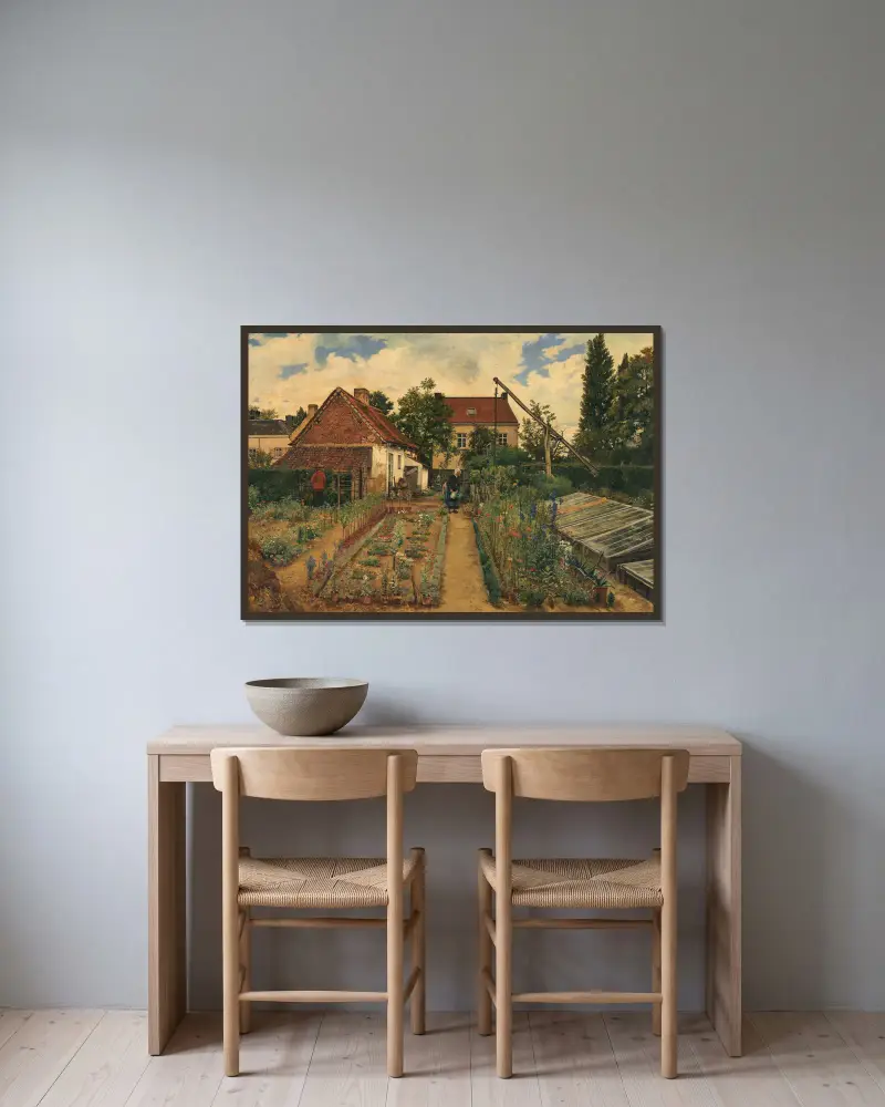En blomsterhandlares trädgård av Henri de Braekeleer inramad på en vägg