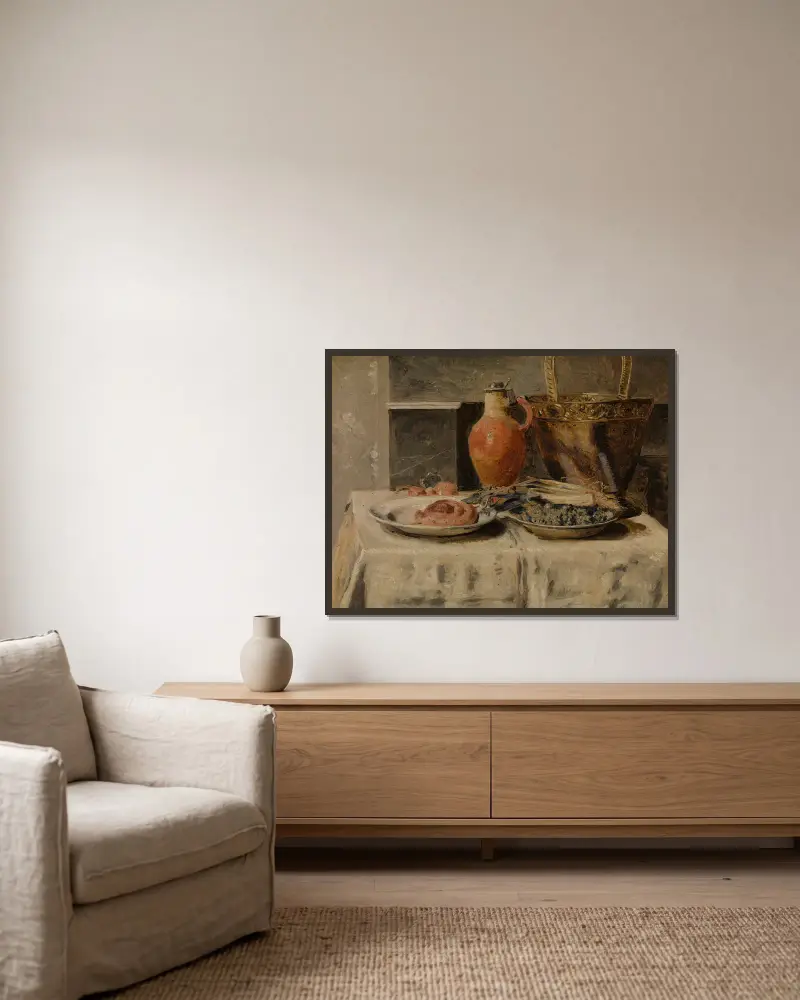 Still Life with Jar av Henri de Braekeleer inramad på en vägg