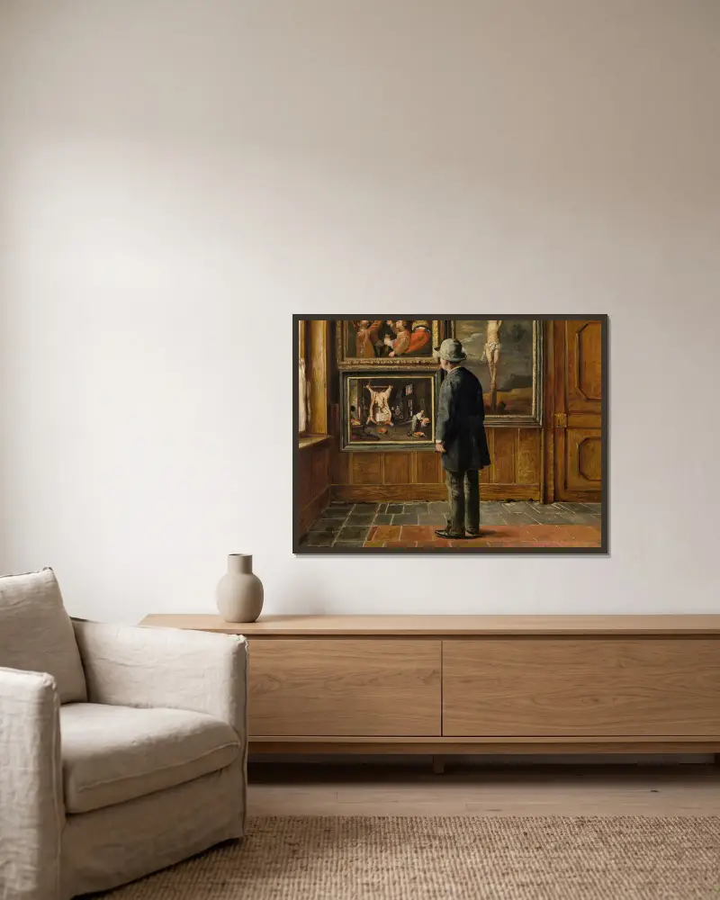 The Art Lover av Henri de Braekeleer inramad på en vägg
