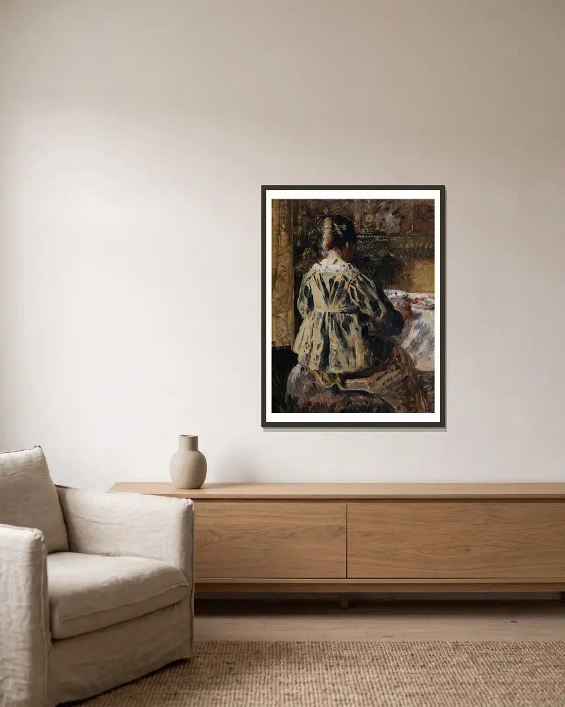 Das Mahl oder Frau von hinten gesehen von Henri de Braekeleer gerahmt an einer Wand