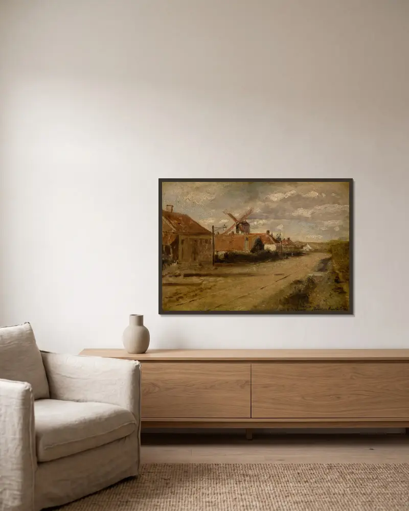 The Mill at Kiel av Henri de Braekeleer inramad på en vägg