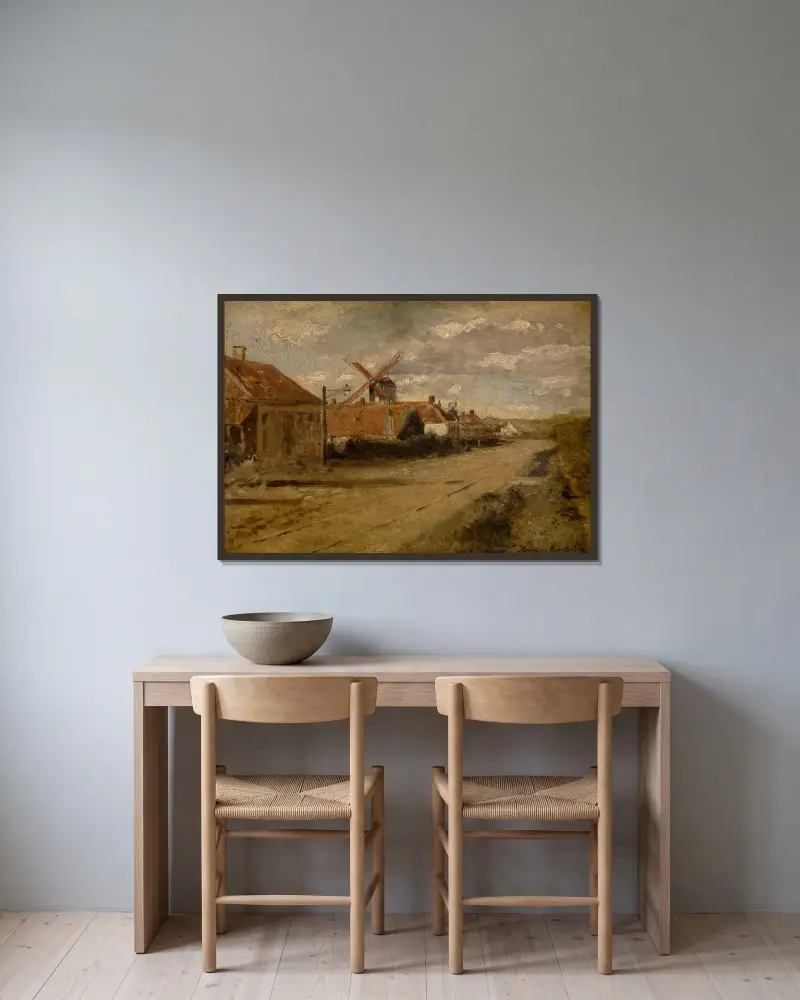 The Mill at Kiel av Henri de Braekeleer inramad på en vägg