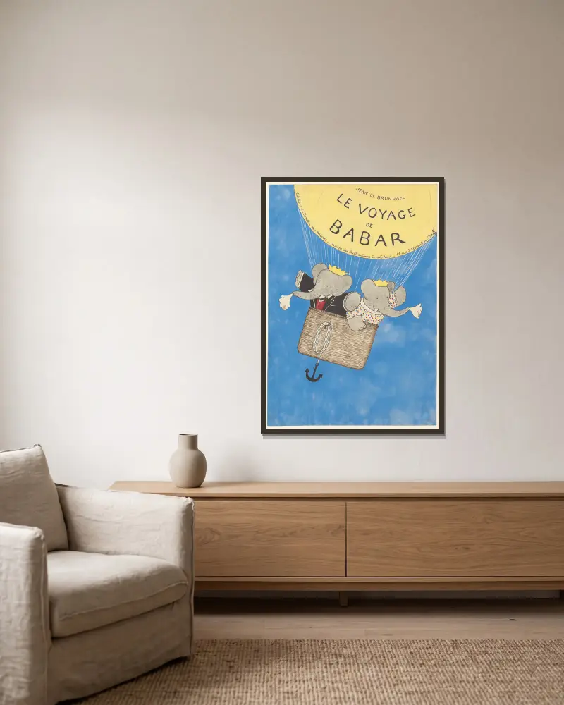 Babar reist, Tafel 2 von Jean de Brunhoff gerahmt an einer Wand