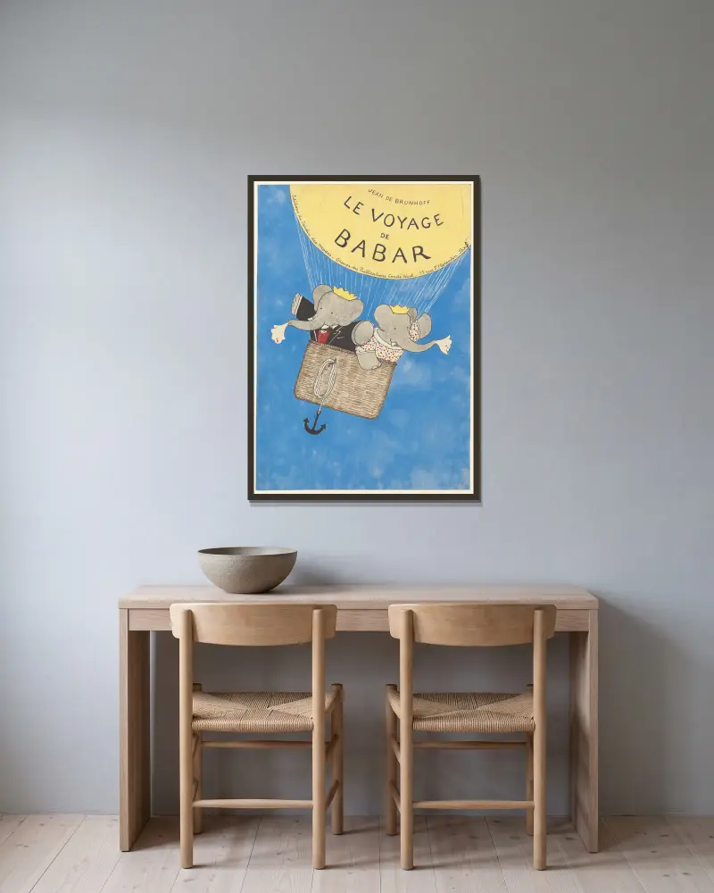 Babar reist, Tafel 2 von Jean de Brunhoff gerahmt an einer Wand