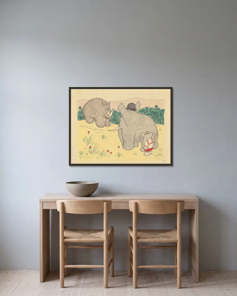 Le voyage de Babar Pl.13 av Jean de Brunhoff inramad på en vägg