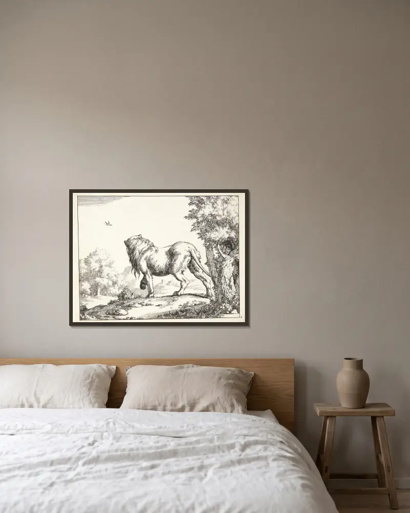 Stående løve, set bagfra, 1664 – nr 2 av Marcus de Bye inramad på en vägg