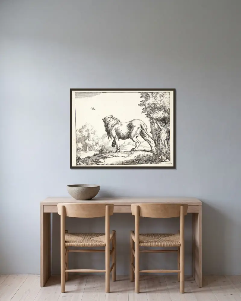 Stående løve, set bagfra, 1664 – nr 2 av Marcus de Bye inramad på en vägg