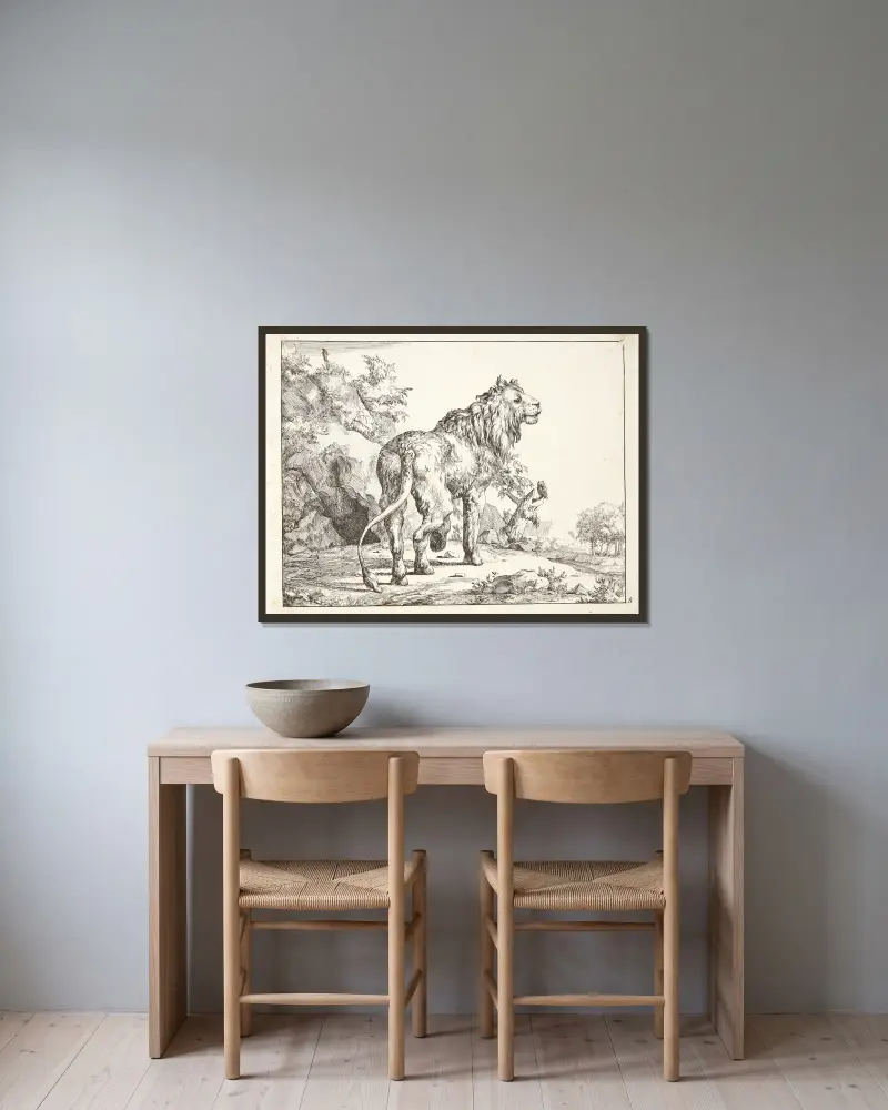 Stehender Löwe, von hinten gesehen, 1664 – Nr. 1 von Marcus de Bye gerahmt an einer Wand