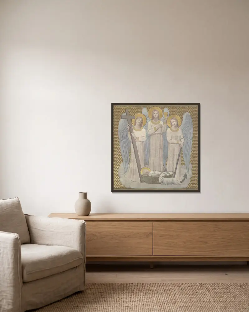 Der Glaube, die Hoffnung und die Liebe wachen über die heilige Genoveva an der Wiege von Pierre Puvis de Chavannes gerahmt an einer Wand