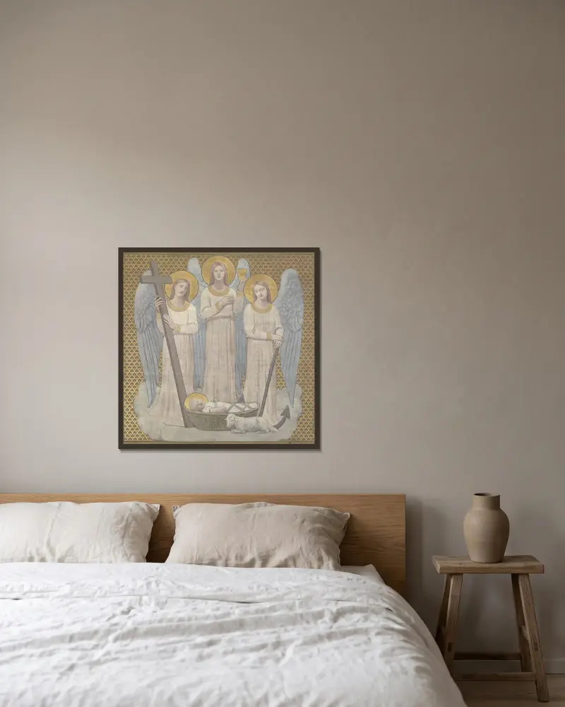 Der Glaube, die Hoffnung und die Liebe wachen über die heilige Genoveva an der Wiege von Pierre Puvis de Chavannes gerahmt an einer Wand