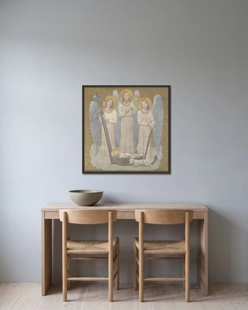 Der Glaube, die Hoffnung und die Liebe wachen über die heilige Genoveva an der Wiege von Pierre Puvis de Chavannes gerahmt an einer Wand