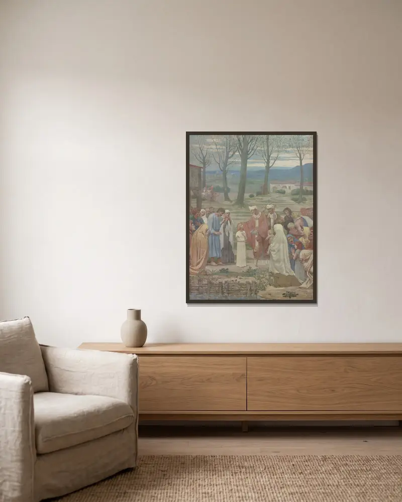 Mötet mellan sankta Geneviève och sankt Germain av Pierre Puvis de Chavannes inramad på en vägg