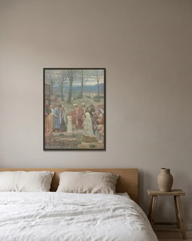 Mötet mellan sankta Geneviève och sankt Germain av Pierre Puvis de Chavannes inramad på en vägg