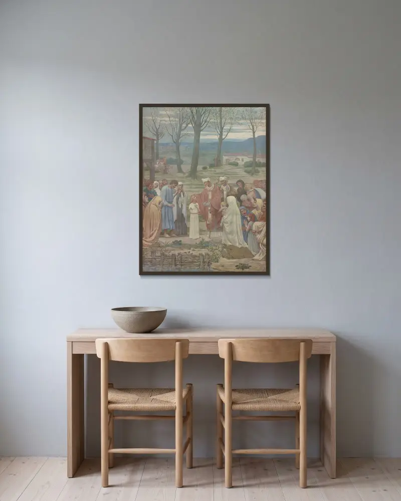 Mötet mellan sankta Geneviève och sankt Germain av Pierre Puvis de Chavannes inramad på en vägg
