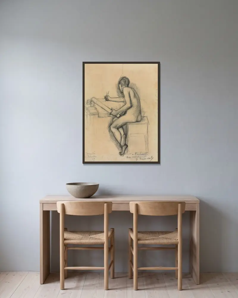 Studie av sittande kvinnlig modell som tecknar av Pierre Puvis de Chavannes inramad på en vägg