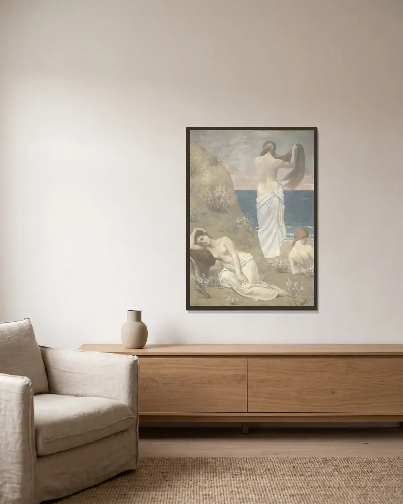 Unga flickor vid havet av Pierre Puvis de Chavannes inramad på en vägg