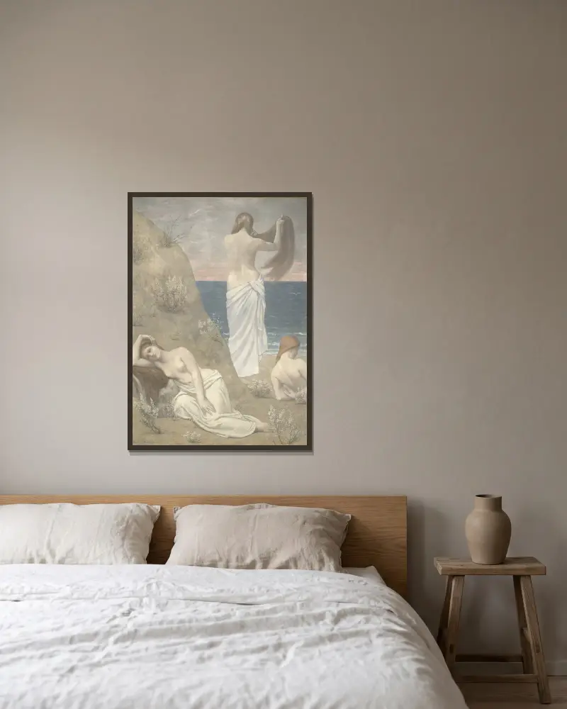 Unga flickor vid havet av Pierre Puvis de Chavannes inramad på en vägg