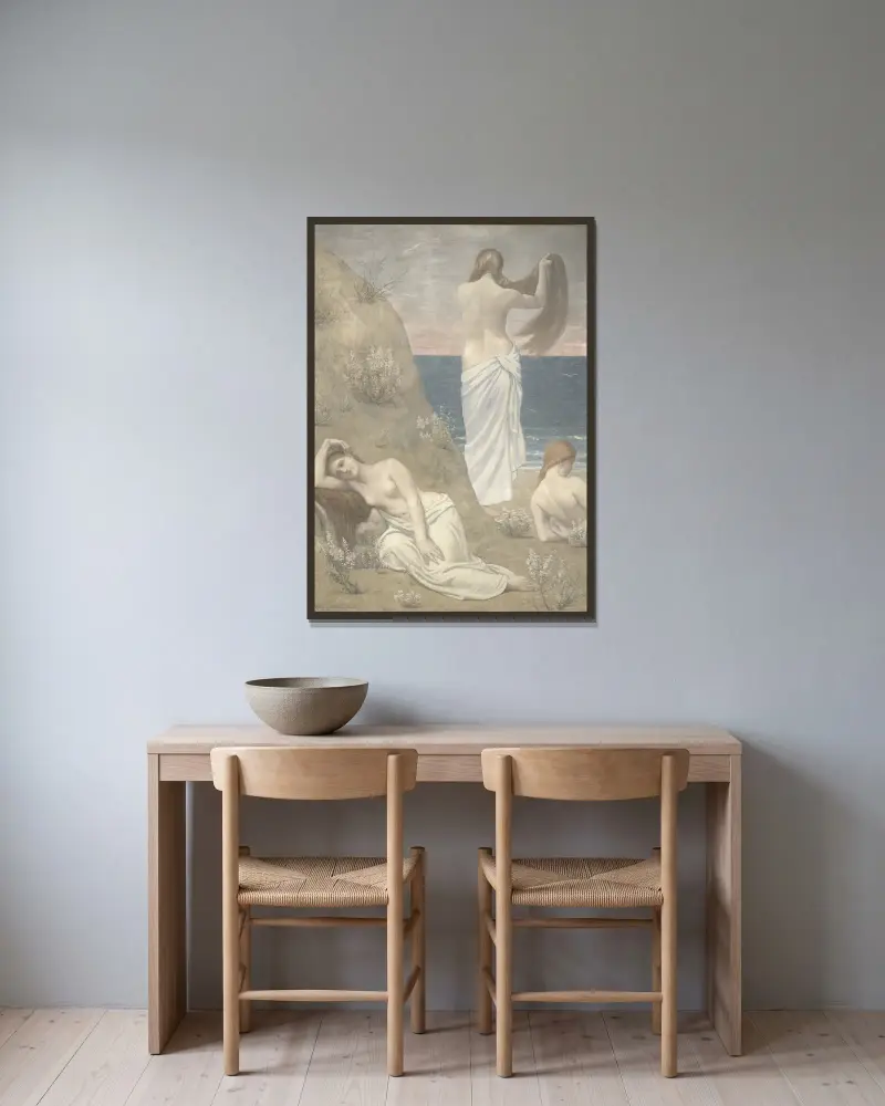 Unga flickor vid havet av Pierre Puvis de Chavannes inramad på en vägg