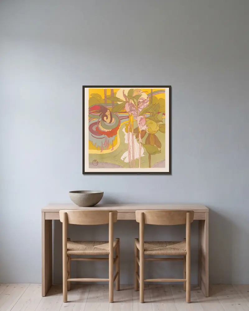 Kvinna får en vision i en trädgård av Georges de Feure inramad på en vägg