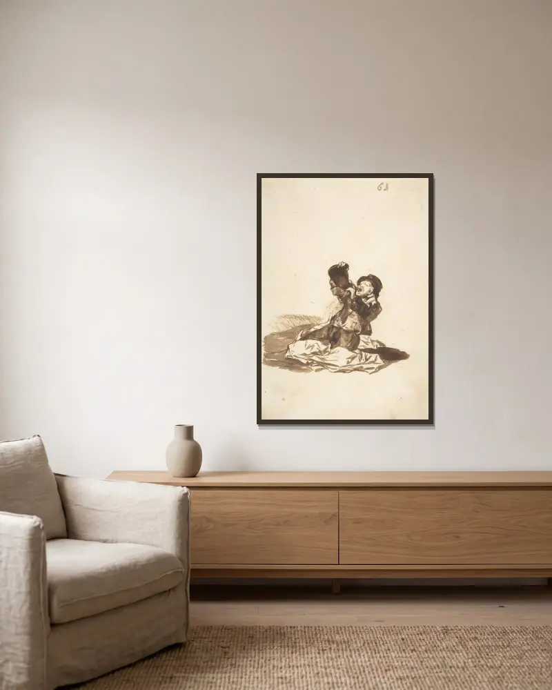 En man på marken som dricker ur en vinlägel av Francisco de Goya inramad på en vägg