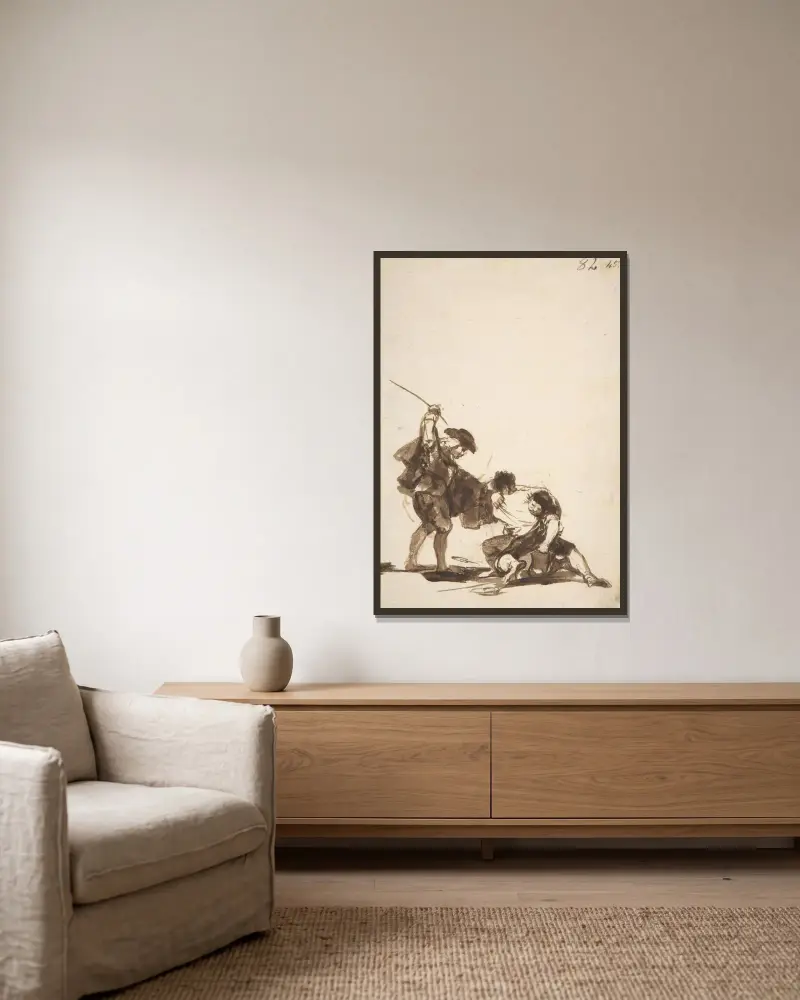 En man med höjd piska som avbryter ett slagsmål mellan två figurer av Francisco de Goya inramad på en vägg