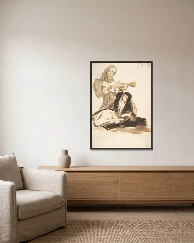 Eine von einem Geist mit Gitarre erschreckte Nonne von Francisco de Goya gerahmt an einer Wand