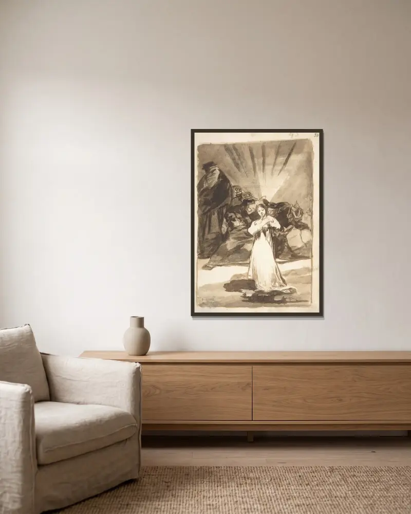En strålande kvinnogestalt ansatt av mörka andar av Francisco de Goya inramad på en vägg