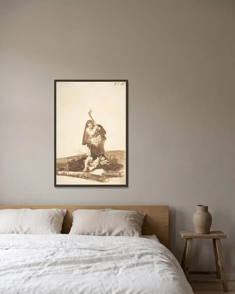 Eine Frau, die einen schlafenden Mann mit einer Axt angreifen will von Francisco de Goya gerahmt an einer Wand
