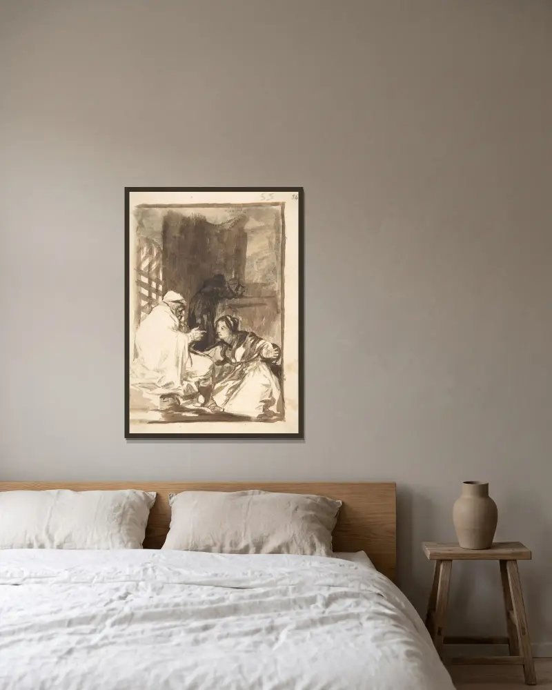 En knäböjande kvinna med utsträckta armar inför en gammal man av Francisco de Goya inramad på en vägg