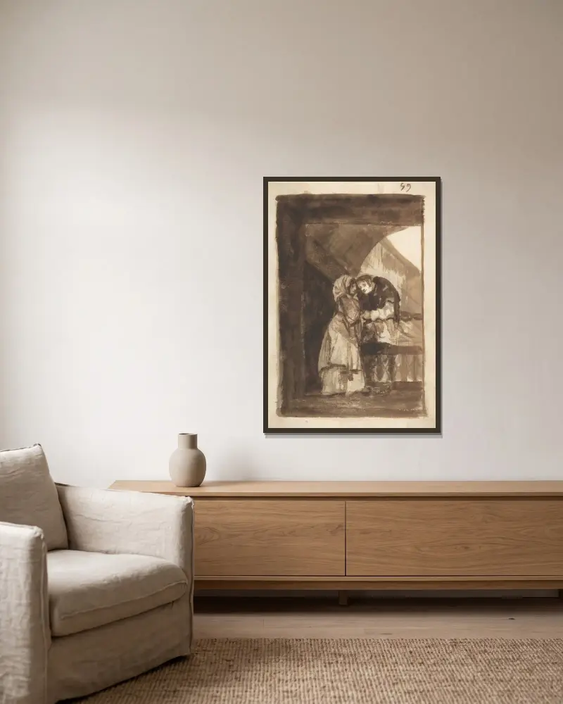 En kvinna som talar med en präst i en övertäckt valvgång av Francisco de Goya inramad på en vägg