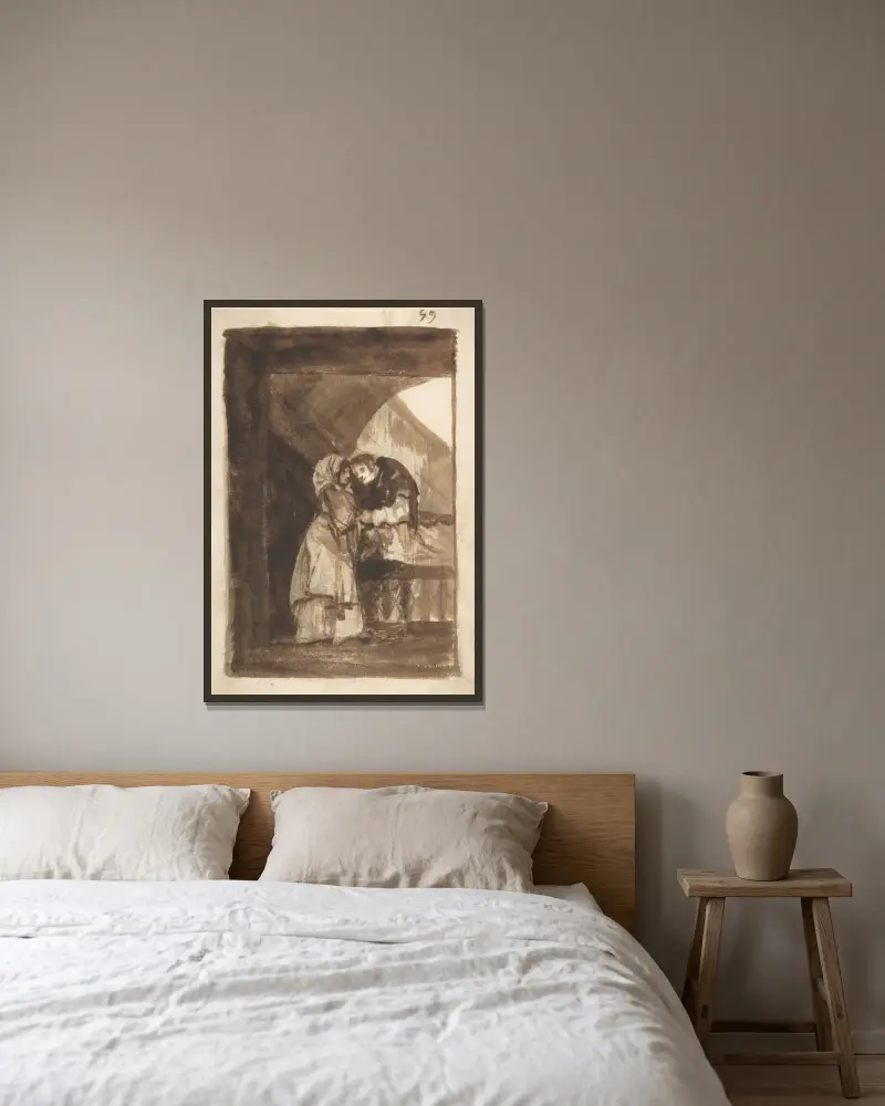 En kvinna som talar med en präst i en övertäckt valvgång av Francisco de Goya inramad på en vägg