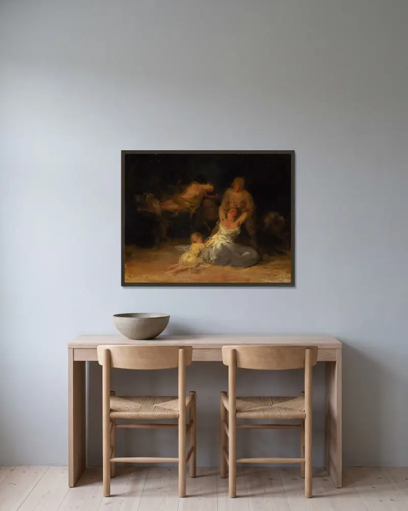 Våldshandling mot två kvinnor av Francisco de Goya inramad på en vägg