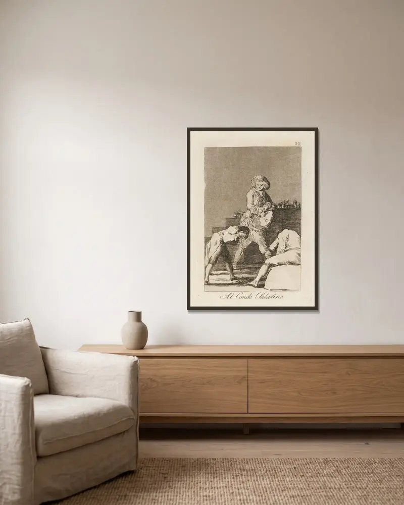 Al Conde Palatino. (An den Pfalzgrafen [oder] Gaumengrafen) von Francisco de Goya gerahmt an einer Wand