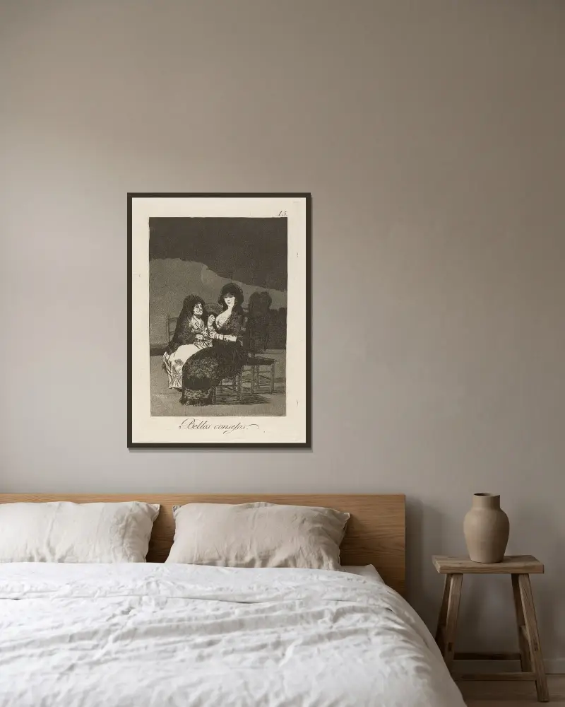 Bellos consejos. (Schöne Lehren.) von Francisco de Goya gerahmt an einer Wand