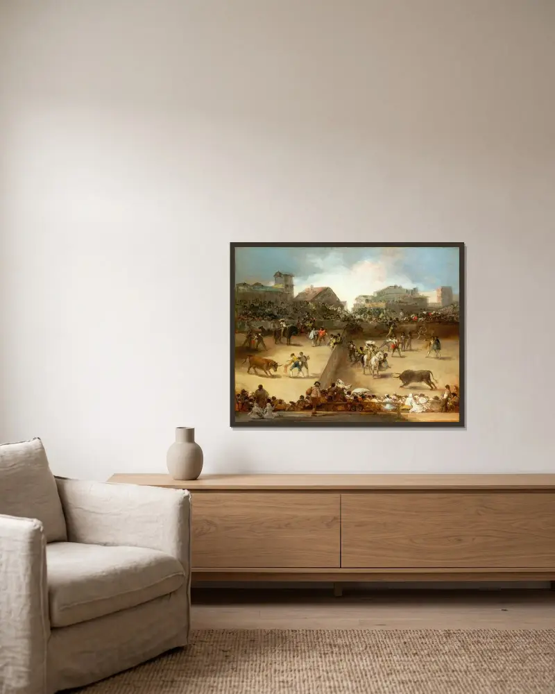Stierkampf in einem geteilten Ring von Francisco de Goya gerahmt an einer Wand