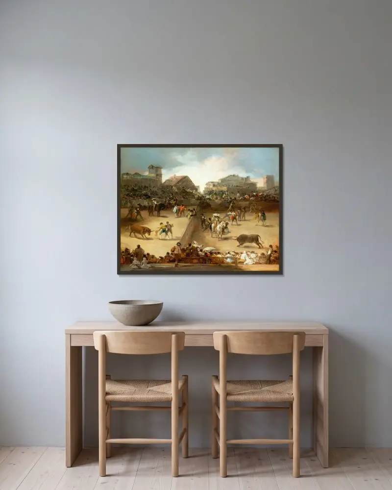 Stierkampf in einem geteilten Ring von Francisco de Goya gerahmt an einer Wand