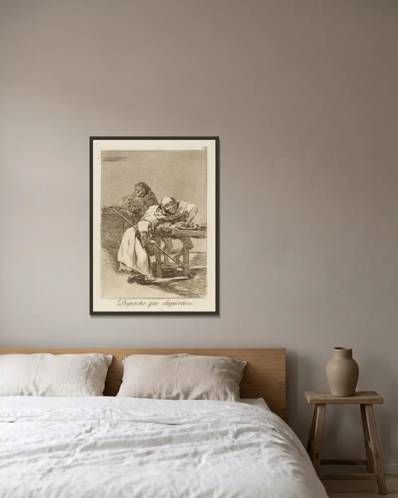 Despacha, que dispiértan. (Be quick, they are waking up.) av Francisco de Goya inramad på en vägg